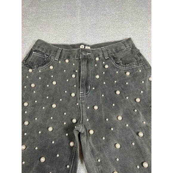 POL The Pearl Drop Jeans Distressed Straight Leg Beaded Denim Gray Medium EUC Ve - Picture 9 of 13